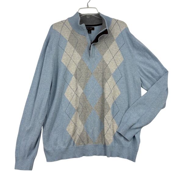 Tasso Elba Quarter Zip Sweater Mens Size L Blue Gray Argyle Cotton Long Sleeve - Picture 6 of 11
